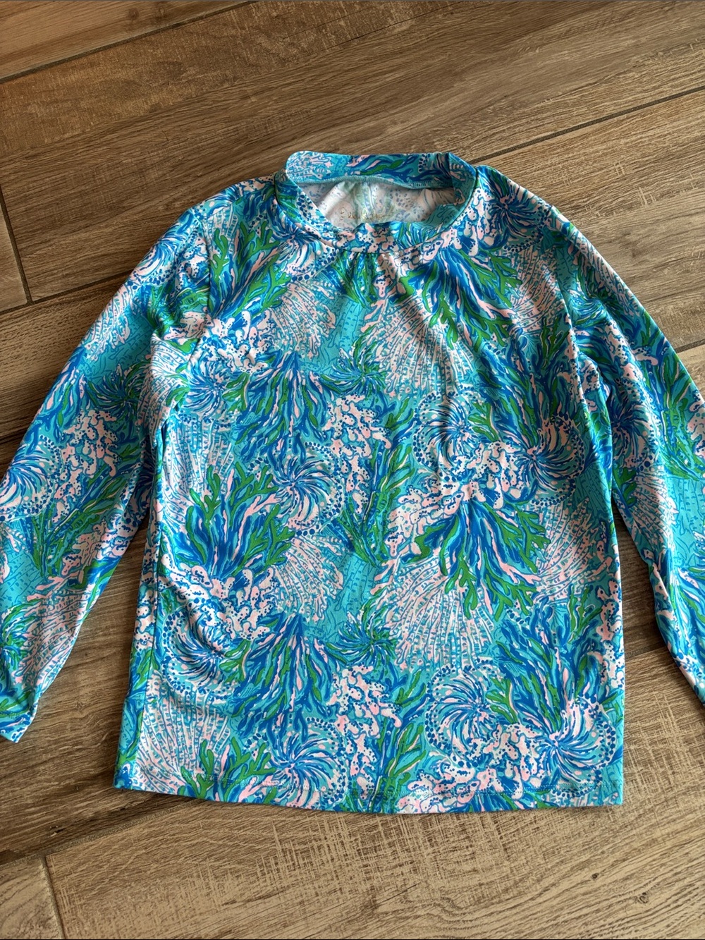 Lilly Pulitzer Pastel Aqua & Pink Floral V-Neck Swim Top kids see measurements
